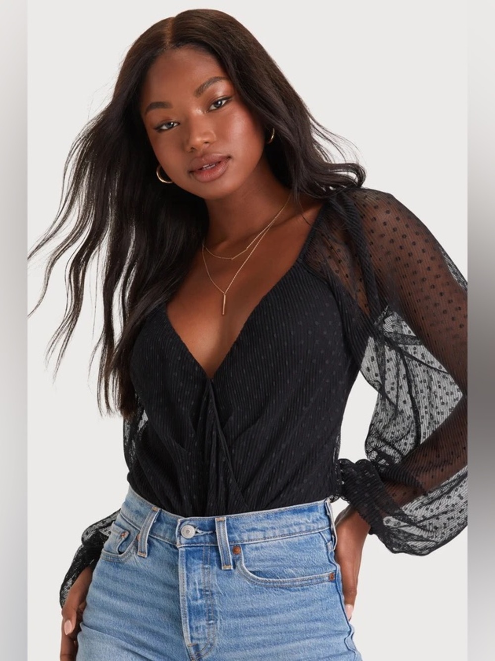 Lulus Bodysuit Women XS Black Swiss Dot Long Sleeve Surplice V-Neck Sheer Mesh